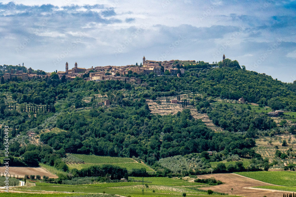 Italian landscape along via Francigena, between Ponte d'Arbia and San Quirico d'Orcia, Tuscany, June 2022