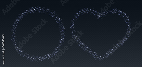 Soap foam frames, realistic shampoo bubbles, bath lather borders in shape of circle and heart. Vector illustration.
