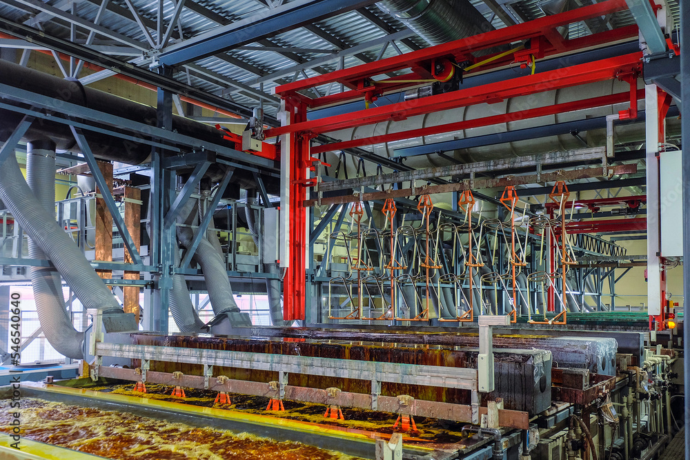 Fragment of a galvanic line. Production process of galvanic copper, nickel and chrome plating steel metal products. Fragment of a galvanic line. Production process of galvanic copper, nickel and chrome plating steel metal products.
