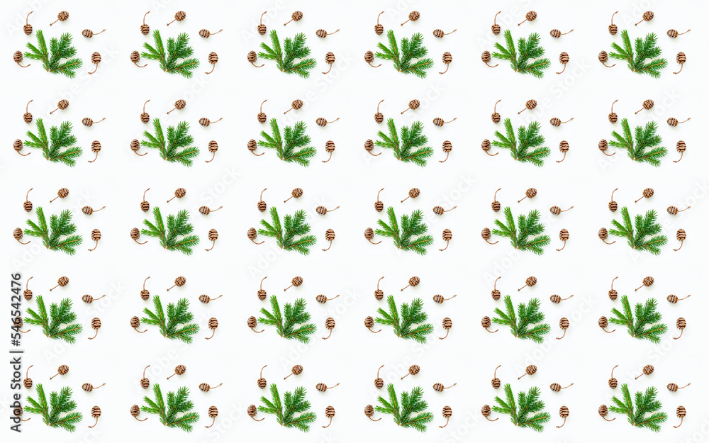 Christmas pattern of fir branches and sequoia cones on white background. Wonder of natural design.Gift wrapping paper design. Creative copy space Christmas pattern of fir branches and sequoia cones on white background. Wonder of natural design.Gift wrapping paper design. Creative copy space