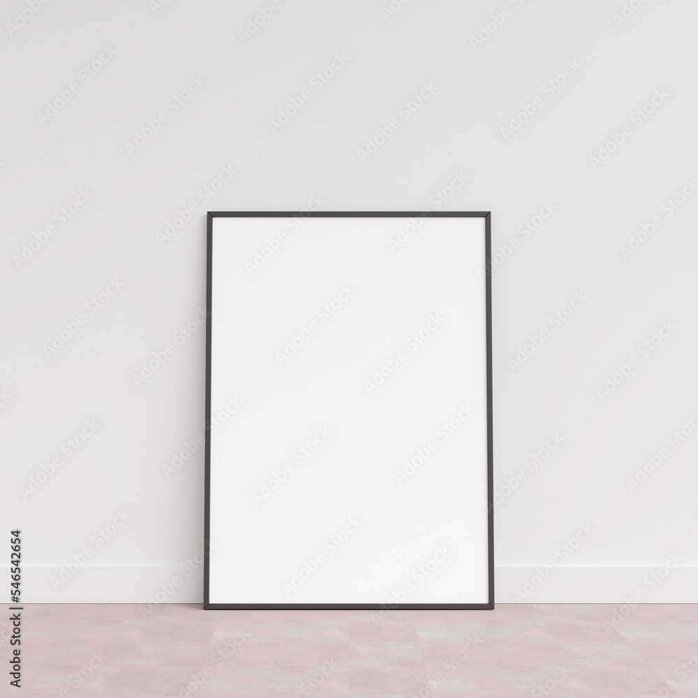 Empty picture frame on wooden floor leaning against wall. Blank poster frame standing on wooden floor. Blank poster frame mockup. Empty picture frame mockup. 3d rendering. Empty picture frame on wooden floor leaning against wall. Blank poster frame standing on wooden floor. Blank poster frame mockup. Empty picture frame mockup. 3d rendering.