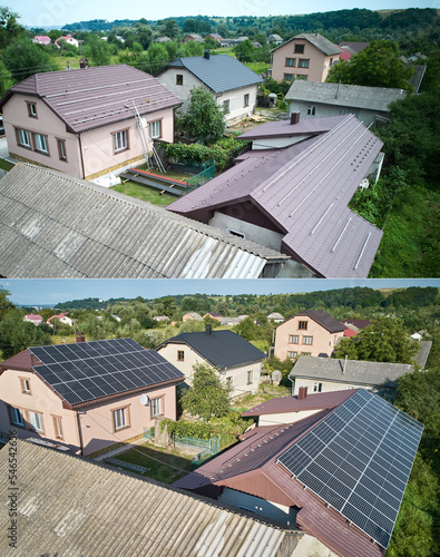 Collage of photos of installation and ready solar panels on the roof of house. Before and after concept. Modern technology and innovation. Idea of environment safety. Aerial view.
