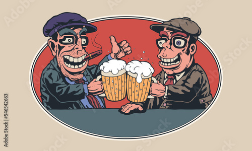 Emblem with a two joyful men at the bar are raising mugs of beer. Vector Illustration.