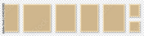 Blank postage stamps frames set. Mockup postage stamps with shadow. Postage stamp borders template collection. Realistic post stamps set. Vector illustration