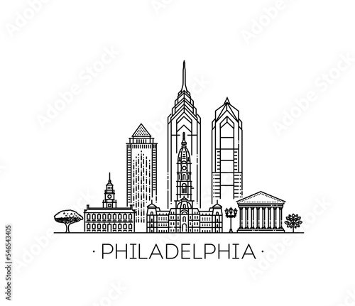 Philadelphia architecture. Linear vector cityscape with famous landmarks
