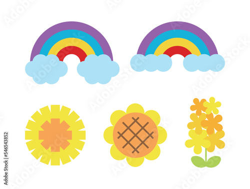 Rainbow, cloud, dandelion flower, sunflower, rapeseed flower, nature illustration icon set.