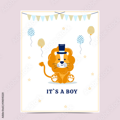 Postcard baby shower is a boy with a cartoon lion. Vector