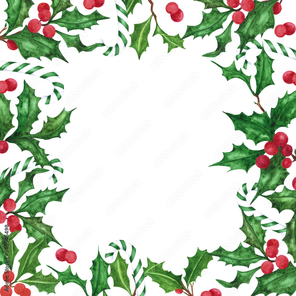 Hand drawn watercolor holly twig frame. Christmass and New Year symbol, decorative element. Scrapbook, poster, label, banner, post card. Hand drawn watercolor holly twig frame. Christmass and New Year symbol, decorative element. Scrapbook, poster, label, banner, post card.
