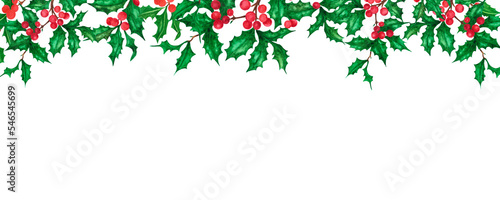 Hand drawn watercolor holly twig banner. Christmass and New Year symbol, decorative element. Scrapbook, poster, label, banner, post card.