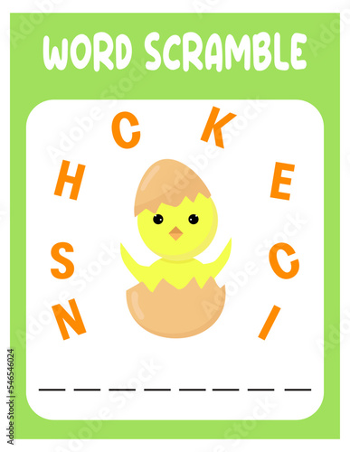 Chicken Word scramble . Educational game for kids. English language spelling worksheet for preschool children.