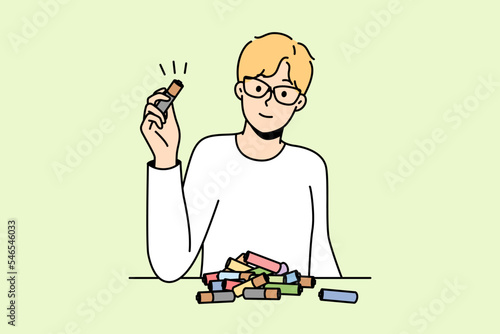 Boy in glasses collects used batteries to send them for processing into secondary raw materials. Guy gathers electric cells to utilization, disposal, recycling. Vector linear isolated illustration.