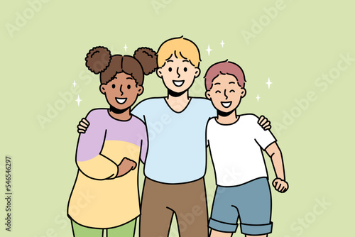 Multiracial boys, girl hug, smile. Children friends of different nationalities stand together. Multicultural schoolboys, schoolgirl studing at same school. Schoolchildren support vector concept.