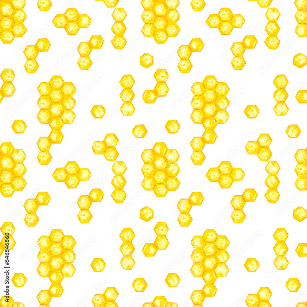 Hand drawn watercolor honey seamless pattern on white background. Scrapbook, textile, logo, label, banner.