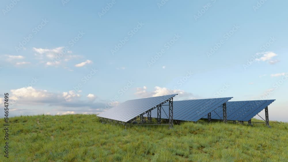 Solar panels in grassy field. 3D animation loop render Solar panels in grassy field. 3D animation loop render