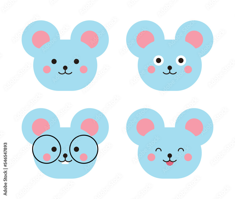 Cute, smiling mouse illustration character icon set.