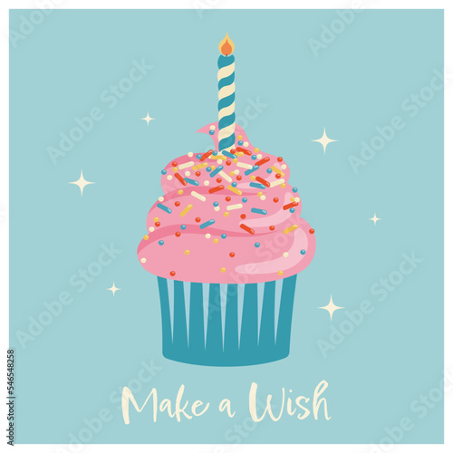 Happy birthday greeting card with cupcake.