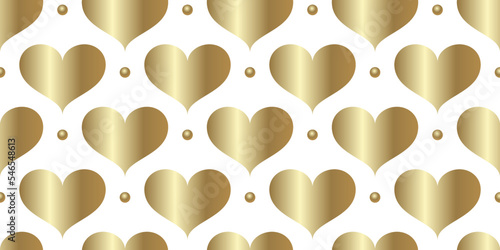 Gold hearts and white background. Seamless vector romantic pattern for wrapping paper, cover design, postcard, poster, flyers, card. Endless ornament for Valentine day. Template for design. Valentines