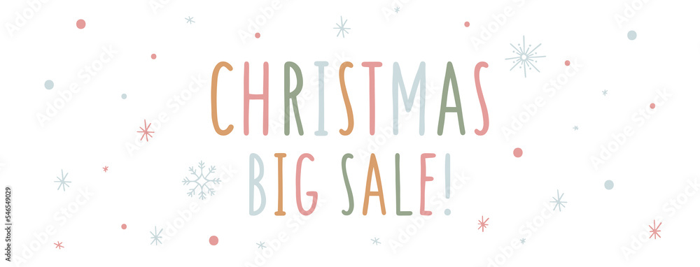 Christmas big sale vector banner with hand drawn cartoon festive elements. Cheerful promotion poster or web banner. Flat vector illustration with Big Christmas sale. New Year celebration concept