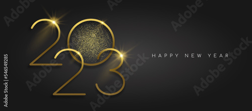 Happy New Year 2023 gold glitter black background illustration card