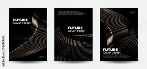 Set of cover design templates. Modern luxury composition background with gold lines for cards, posters, banners, flyers, brochures, and page layouts other. Vector template, 2023