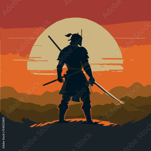 Vector art of samurai looking into the distance. Japanese warrior at sunset. Fighter with katana sword. Epic medieval fighter. Cartoon illustration.