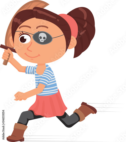 Running girl with pirate eye patch. Playing kid