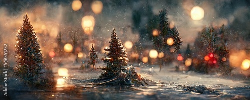 Christmas Tree with Lights in Snow Warm Cozy Atmosphere - Ultrawide, Digital Art, Concept Art photo