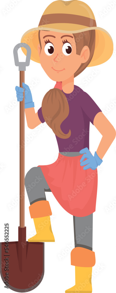 Gardening woman with shovel. Female farmer character
