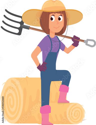 Female farmer with pitchfork stacking hay roll. Cartoon icon