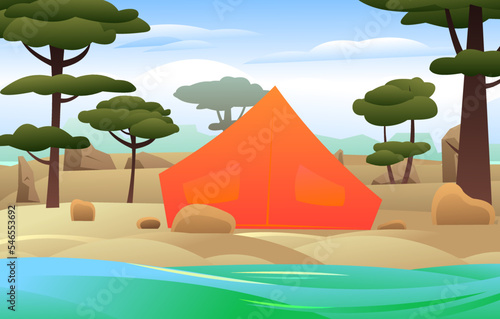 Sand on bank of river. Rocks stones and cliffs. Orange tourist tent. Broken camp. Recreation in the wild. Cartoon fun style. Flat design. Vector photo