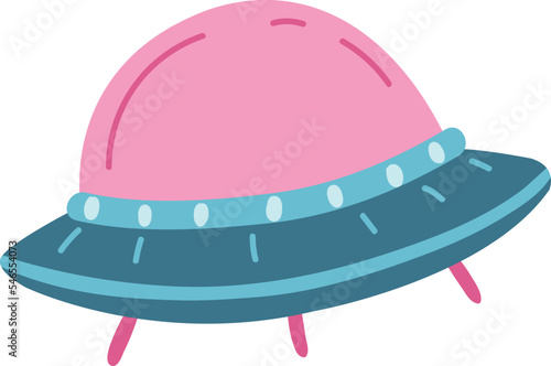 Ufo drawing. Cute color spaceship in hand drawn style