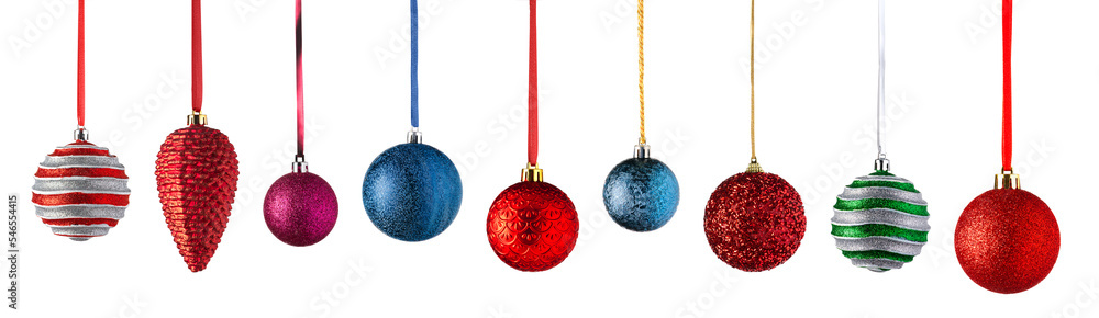 Set of Christmas ornaments hanging over white background. Composition of Christmas tree decorations made of glass or plastic isolated on white. Set of Christmas ornaments hanging over white background. Composition of Christmas tree decorations made of glass or plastic isolated on white.