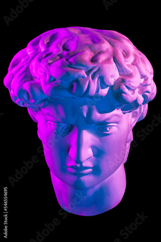 Gypsum copy of head statue David in bright neon colors for artists isolated on a black background. Face famous sculpture youth of David by Michelangelo. Template design for dj, fashion, poster, zine.
