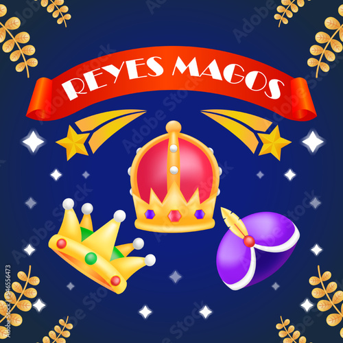 Reyes Magos. Crown collection 3d illustration, with shooting stars in the background