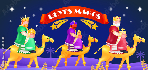 Reyes Magos. 3d illustration of three priests riding camels, with a shooting star in the background