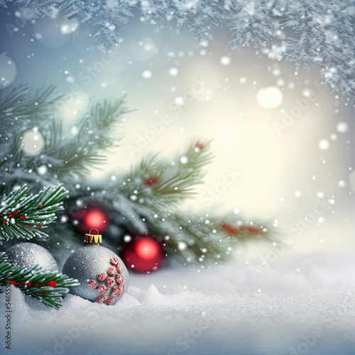 Christmas background with fir branches lying on the ground and Christmas baubles in the snow at the edge of the picture, snowflakes, blurred background.