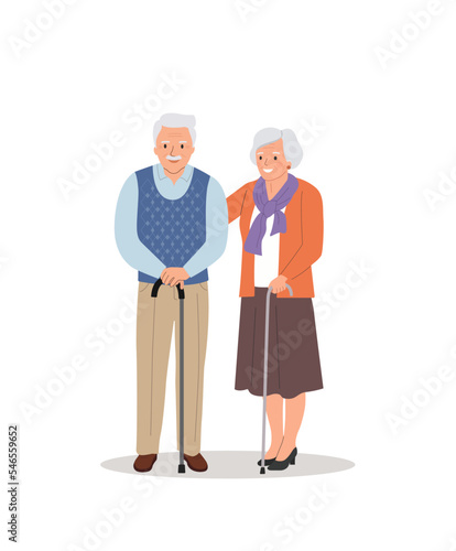 Elderly woman and man with walking stick isolated. Vector flat style illustration