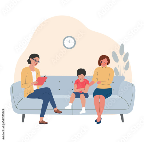 Child psychiatrist work with small boy and his mom on the sofa. Psychological consultation. Vector flat style illustration