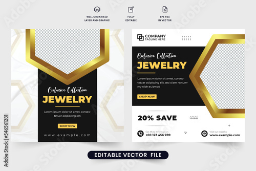 Fashion accessories and gold jewelry sale template for social media promotion. Ornament business social media post design with dark and golden colors. Special jewelry advertisement poster vector.