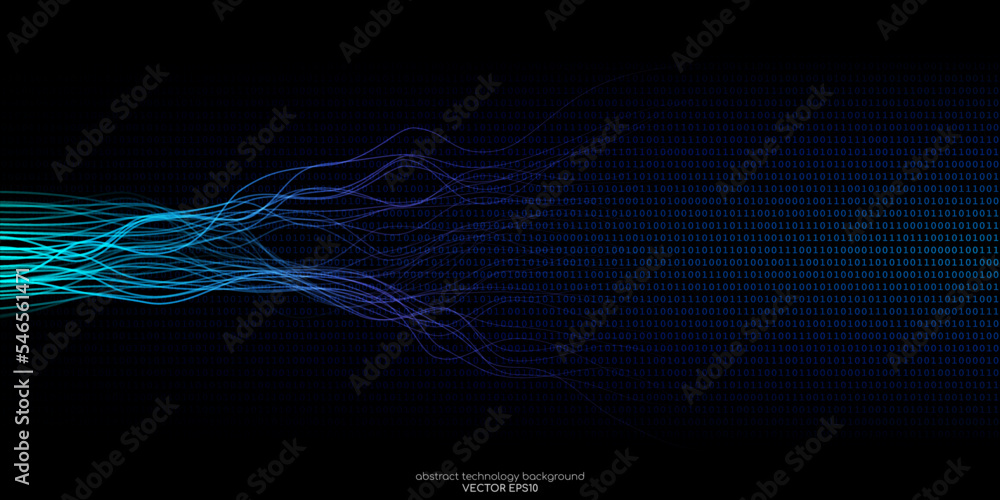 Vector abstract technology background wavy neural network lines and binary code texture background by blue green light on black for banner in concept digital, technology, big data, computer, science. Vector abstract technology background wavy neural network lines and binary code texture background by blue green light on black for banner in concept digital, technology, big data, computer, science.