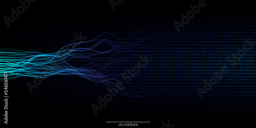Vector abstract technology background wavy neural network lines and binary code texture background by blue green light on black for banner in concept digital, technology, big data, computer, science.