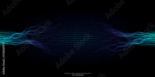 Vector abstract technology background wavy neural network lines and binary code texture background by blue green light on black for banner in concept digital, technology, big data, computer, science. photo