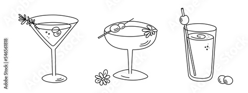 Alcoholic cocktails set, long drink beverages for holiday celebrating. Use for decorating design festive menu. Hand-drawn doodle style. Editable stroke. Isolated. Vector illustration