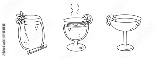 Alcoholic cocktails set, long drink beverages for holiday celebrating. Use for decorating design festive menu. Hand-drawn doodle style. Editable stroke. Isolated. Vector illustration