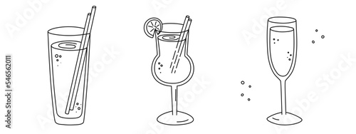 Alcoholic cocktails set, long drink beverages for holiday celebrating. Use for decorating design festive menu. Hand-drawn doodle style. Editable stroke. Isolated. Vector illustration