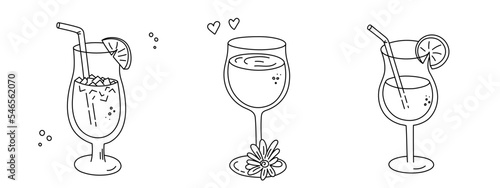 Alcoholic cocktails set, long drink beverages for holiday celebrating. Use for decorating design festive menu. Hand-drawn doodle style. Editable stroke. Isolated. Vector illustration