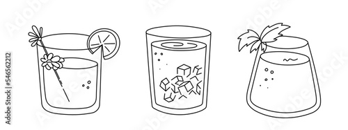 Alcoholic cocktails set, long drink beverages for holiday celebrating. Use for decorating design festive menu. Hand-drawn doodle style. Editable stroke. Isolated. Vector illustration