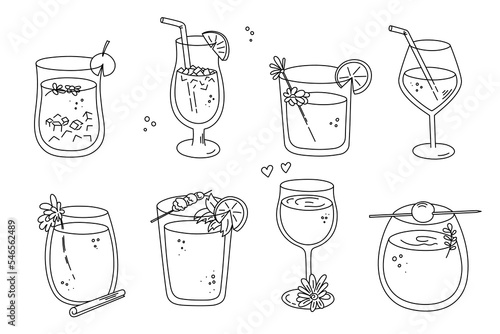 Alcoholic cocktails set, long drink beverages for holiday celebrating. Use for decorating design festive menu. Hand-drawn doodle style. Editable stroke. Isolated. Vector illustration