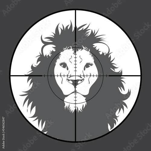 Illustration of lion in rifle sight while hunting.