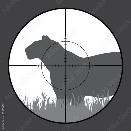 Illustration of tiger in rifle sight while hunting.